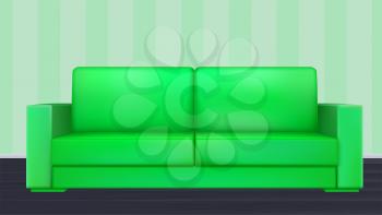 Green modern luxury sofa for living room, reception or lounge. Realistic icon of single object in room on background of wallpaper with stripes, 3D illustration