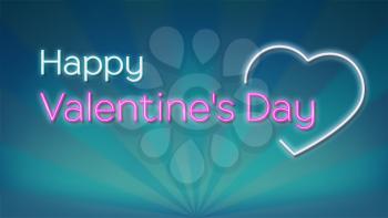 Happy Valentines s day, neon text on background with rays. Concept of romantic greeting cards, banner, poster. Glowing and lit up neon heart shaped love sign with text