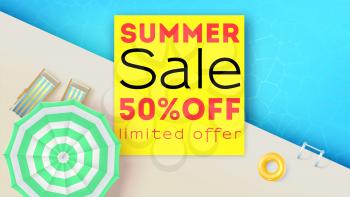 Summer sale, hot offer in summertime. Realistic pool, sun umbrella, inflatable ring, beach loungers. Top view, flat lay. Three dimensional vector for events by discount, fifty percent off