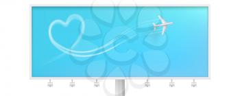 Flight route of the aircraft in the shape of a heart. Billboard with smoky line trace of airliner. Realistic icon of airplane on blue background. Vector template for touristic and travel agency