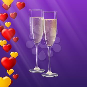 Glasses of champagne with rays of light on background. Champagne with bubbles in a wineglass, yellow and red hearts like Inflatable balloons dark on background with rays, 3D illustration