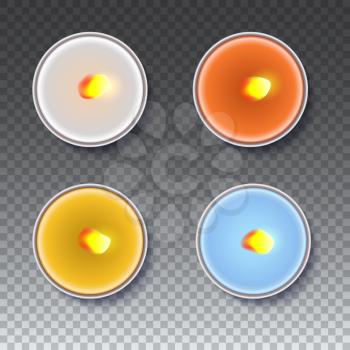 Realistic wax, flamed, round candles in a metal case isolated on transparent backdrop. Top view on colored burning candles. Template for invitation or greeting cards. Vector illustration.