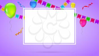 Celebrate colorful background. Template for greetings or birthday card, invitation with hanging garlands of colored flags and streamers and place for your text, 3D illustration