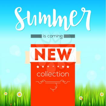 Summer new collection bright advertising banner, text poster. Green, natural grass, white daisies, camomile flower and small red lady-bug. Blue sky, white clouds, summer sky. Template for creativity