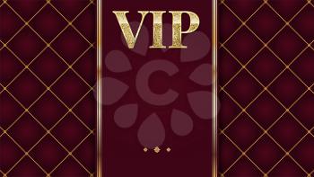 VIP premium invitation card, poster or flyer for party. Golden design template with glittering shine text. Quilted pattern decorative background with gold ribbon and text badge.