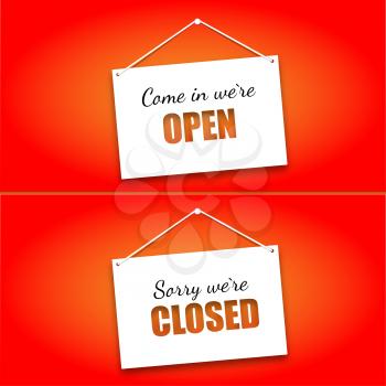 Set of signs on the doors Opened and Closed on a bright red background. Hanging signs, paper card.