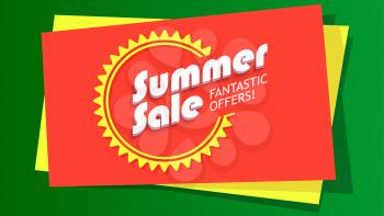 Summer sale, fantastic offer poster. Hot, bright selling banner with graphic symbol of sun. Template, mock-up for online shopping, advertising, sale action and other design.