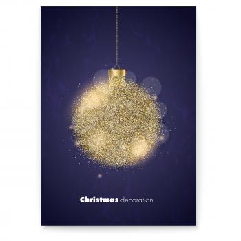 Poster for Merry Christmas holidays with luxury golden glittering ball. Template for design of Christmas greetings, banners, covers. Vector 3d illustration.