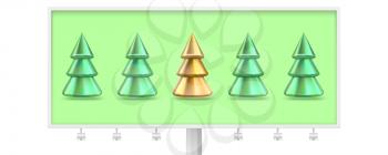 Billboard with one golden Christmas tree standing out from line others. Concepts of Individuality and different business idea. Metallic pines with shadow on green background. Vector 3d illustration