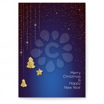 Poster for Merry Christmas holidays. Luxury golden glittering christmas tree, star and bell are hanging on winter night background and golden snowflakes. Decoration for Christmas greetings.