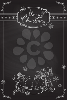 Chalk ornate frame, badge, snowflakes and Christmas objects. Festive hand-drawn design.