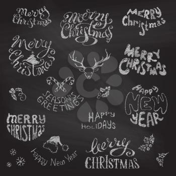 Merry Christmas and Happy New Year lettering. Chalk hand-drawn design elements on blackboard background.