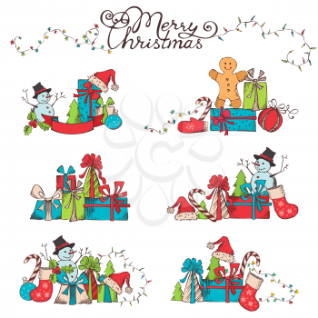 Hand-drawn retro Christmas objects for your design isolated on white background.