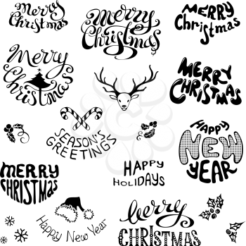 Merry Christmas and Happy New Year lettering. Black hand-drawn design elements isolated on white background. Illustrations set.