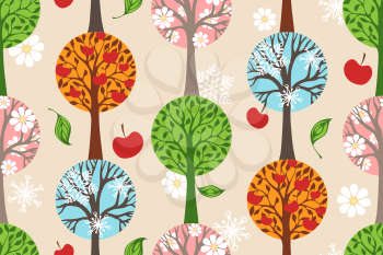 Seamless pattern. Winter, Spring, Summer and Autumn. Four various types of trees. Seamless pattern can be used for wallpapers, web page backgrounds or wrapping papers.