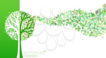 Butterflies on tree. Green and white vector illustration. There is place for your text.