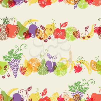 Fruits and berries on paper background. Vintage fruits for your design. Vector background.