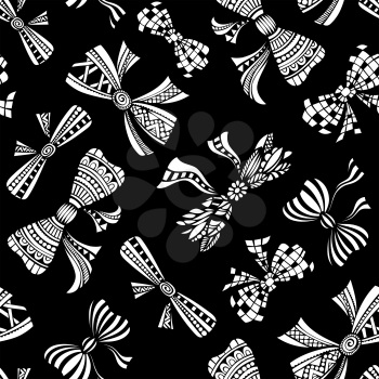 White geometric bows and ribbons on black background. Hand-drawn illustration.