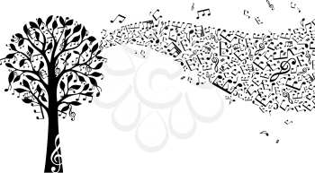 Music notes and treble clefs on tree. Music wave. Vector illustration.