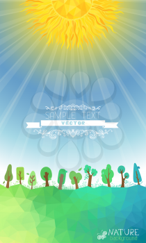 Sun in the sky. Vector geometric trees and sun, grass silhouettes. There is place for your text on the Earth and in the sky.