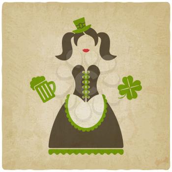 St. Patricks Day girl with beer mug and clover old background - vector illustration. eps 10