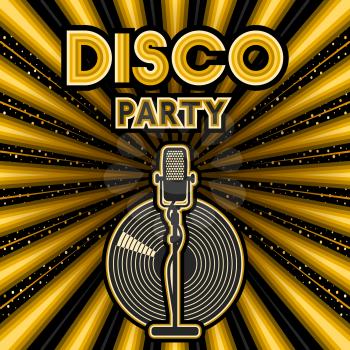 Microphone and vinyl record on golden background. Party poster in retro style. vector illustration - eps 10