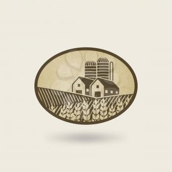 oval label with the landscape. farm in field. vector illustration - eps 10