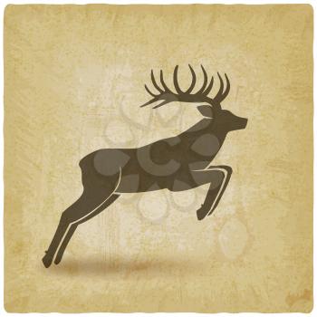 Jumping horned deer on vintage background. Vector illustration