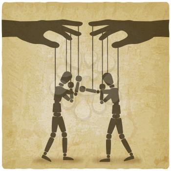 hands with boxing puppets vintage background. vector illustration - eps 10