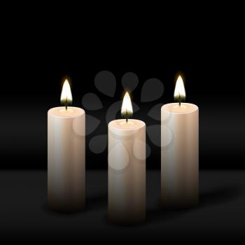 Three burning realistic pillar candle on black background. vector illustration - eps 10