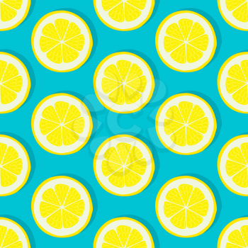 Lemon slice seamless pattern on blue background. Vector illustration