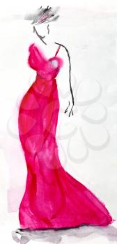 fashion of 20th Century - long pink ladies evening dress of 30th years