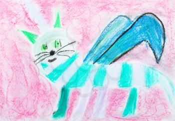 children drawing - striped cat with wing on pink background