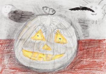 children drawing - carved halloween pumpkin and black bat