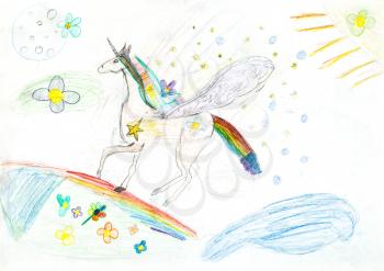 children drawing - flying fairytale unicorn on rainbow