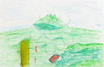children drawing - green hill in Japanesque style