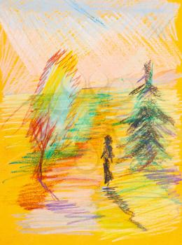 children drawing - walking woman in yellow autumn forest