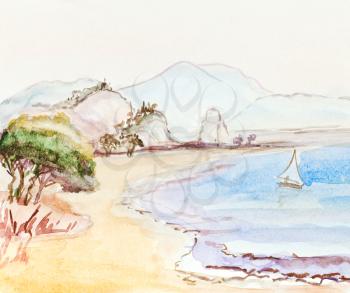 watercolor italian idyllic landscape with sailboat, sand beach, hills