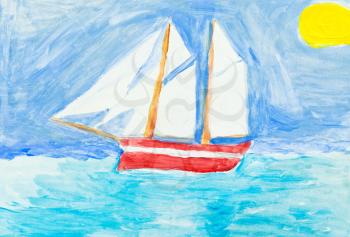 children painting - sailing vessel in blue ocean under yellow sun