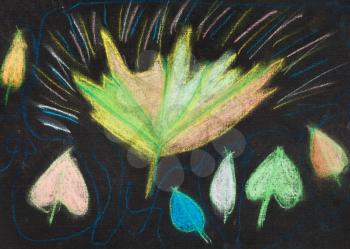 children drawing - several autumn leaves on black background
