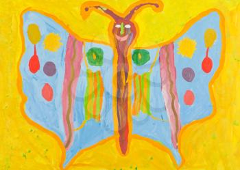 children drawing - funny butterfly on yellow background