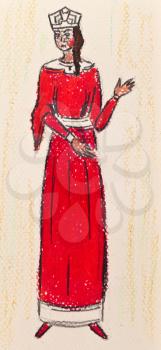 historical costume - young woman in a red dress, Novgorod, Russia 14th century