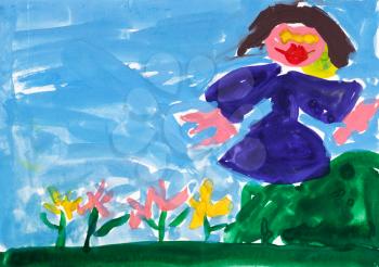 childs painting - girl in blue dress near flower bed