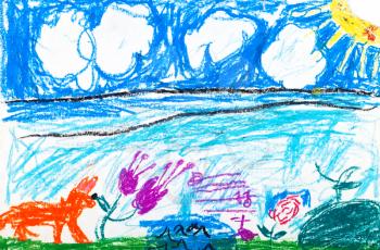 childs drawing - fox on lawn in summer day