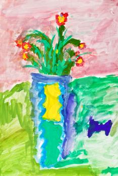 childs painting - flower vase with small red flowers
