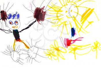 childs drawing - funny cat outdoor and yellow sun