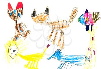 childs drawing - domestic animals cat, dog, fish