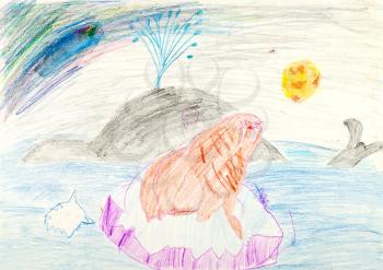 childs drawing - black whale and red seal on ice block in ocean