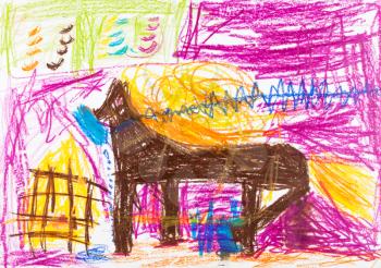 childs drawing - horse with golden mane stays in pink stable
