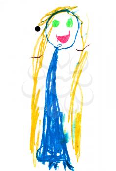 childs drawing - smiling yellow hair girl in blue dress on white